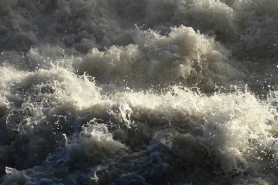 Very choppy whitewater waves in the rapids of the Bow River, Alberta, Canada